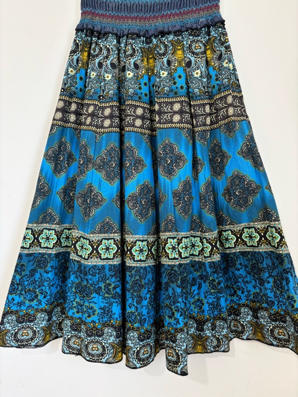 NEW Y2K boho cottage ethnic print smoked high rise pleated A-line Midi Skirt XS - Picture 14 of 16